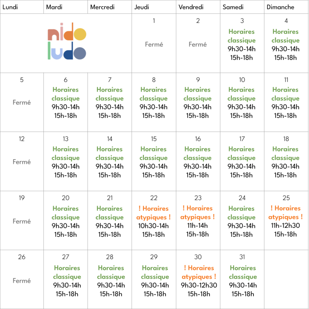 Horaires d'ouverture du mois de janvier 2026