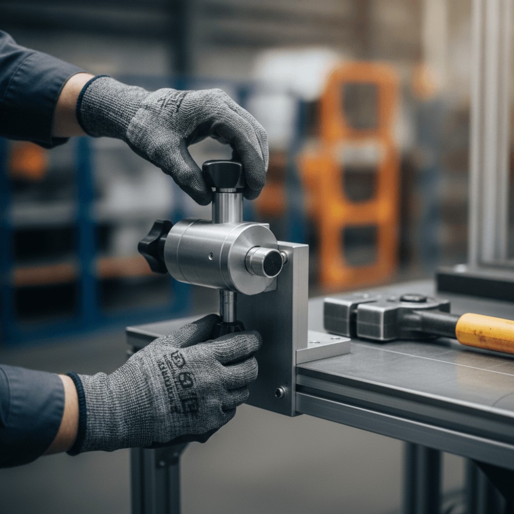 Mains ajustant un support ergonomique sur un poste de travail industriel pour prévenir l'usure professionnelle